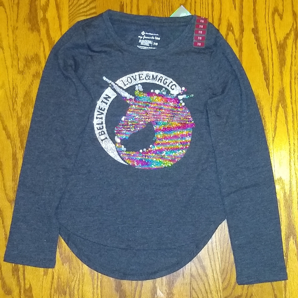 NEW My Favorite Tee Unicorn I Believe in Love & Magic Rainbow Sequins Kids 7/8